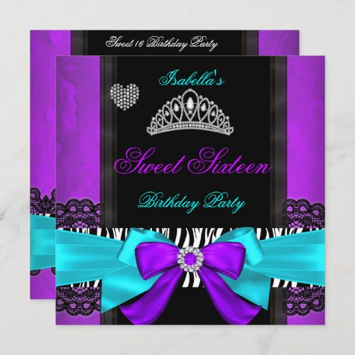 Sweet 16 Party Sweet Sixteen Purple Teal Zebra Invitation