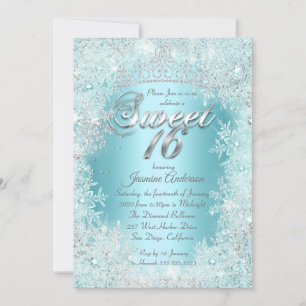 Sweet 16 Party Teal blue Silver Winter Wonderland Invitation