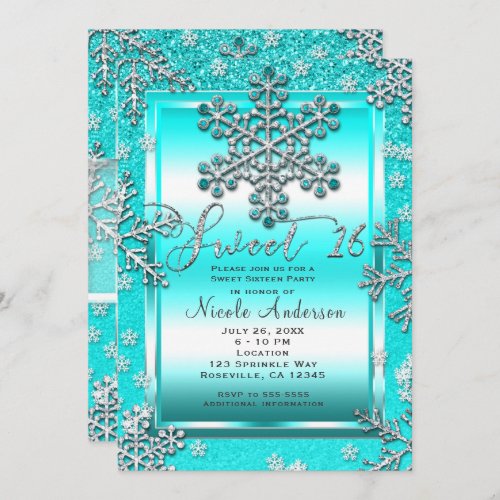 SWEET 16 Party Teal Glitter Glam Winter Snowflakes Invitation