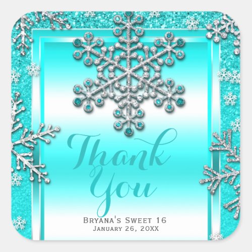 SWEET 16 Party Teal Glitter Glam Winter Snowflakes Square Sticker