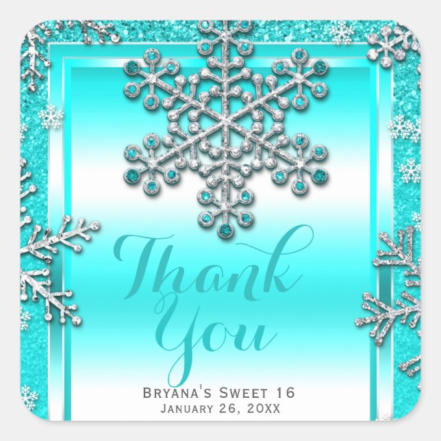 SWEET 16 Party Teal Glitter Glam Winter Snowflakes Square Sticker (Front)