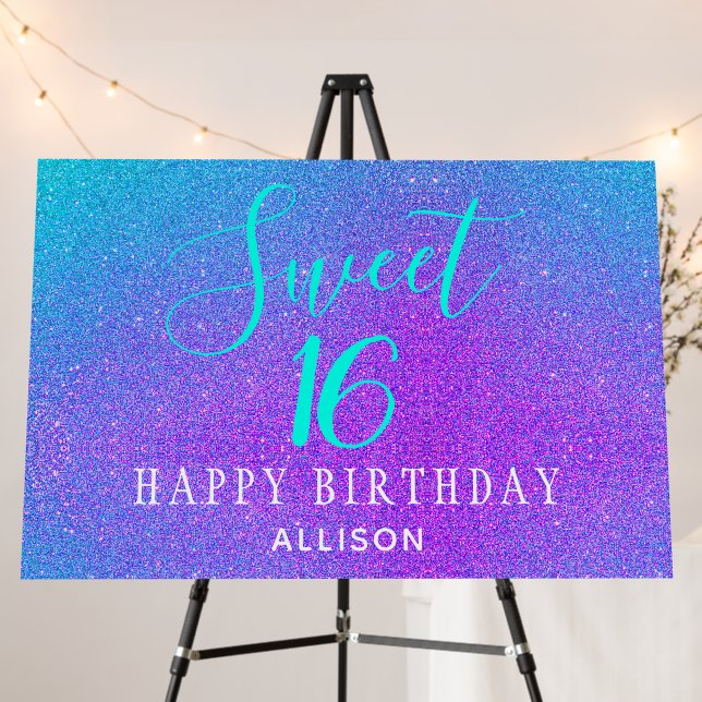 Sweet 16 Party Teal Purple Glitter Personalized Foam Board (In Situ (Stand))