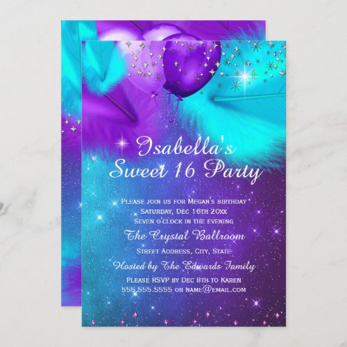 Sweet 16 Party Teal Purple Silver Balloons Invitation