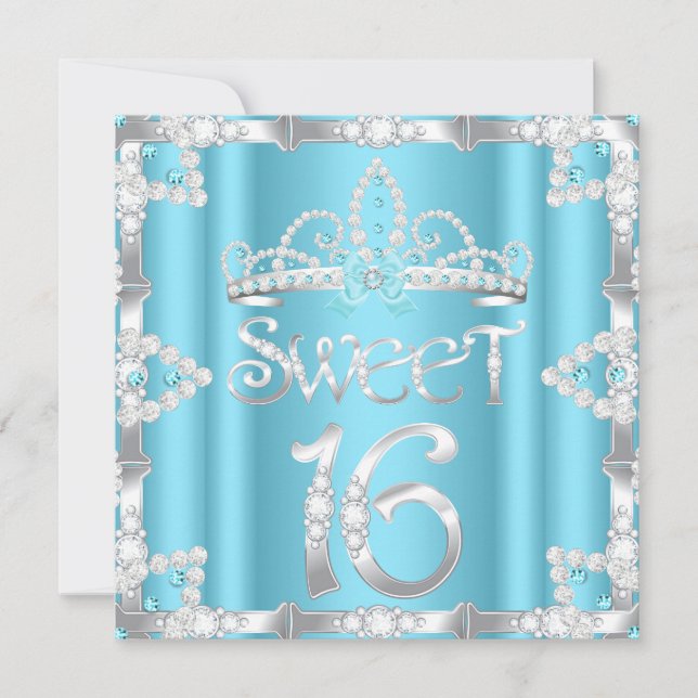Sweet 16  Party Tiara Teal Blue Faux Diamond Invitation (Front)