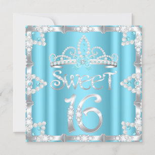 Sweet 16 Party Tiara Teal Blue Faux Diamond Invitation