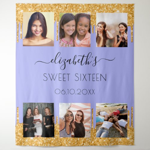 Sweet 16 party violet gold glitter photo collage tapestry