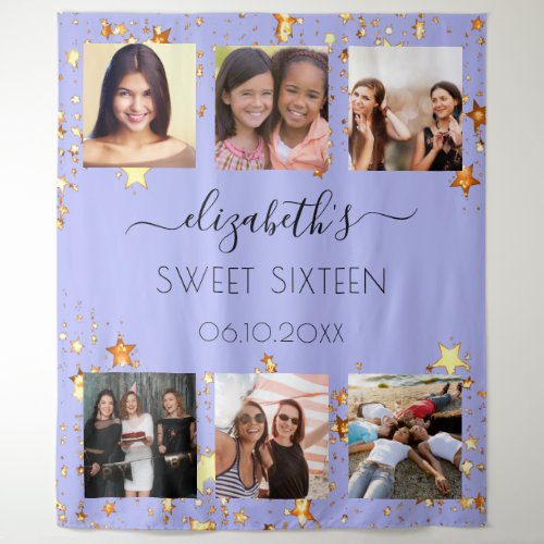 Sweet 16 party violet gold photo collage tapestry