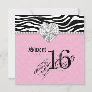 Sweet 16 Party Zebra Lace Heart Diamond Pink Invitation