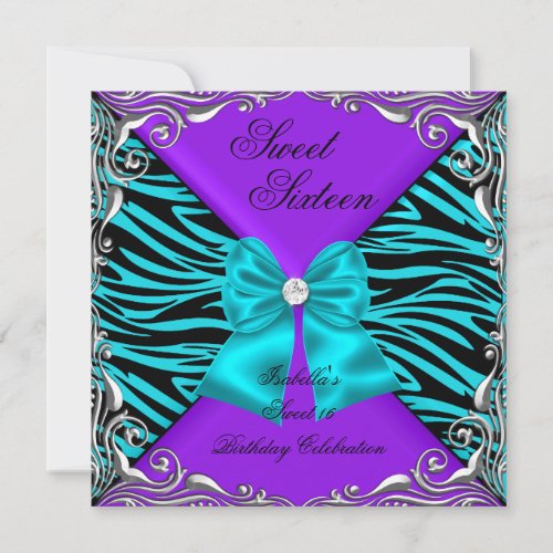 Sweet 16 Party Zebra Purple Teal Diamond Bow Invitation