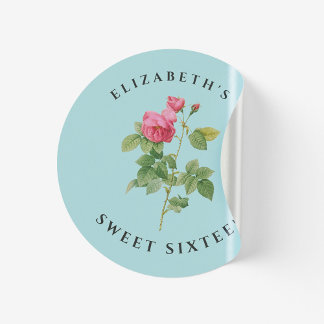 Sweet 16 Pastel Blue and Pink Rose Botanical Classic Round Sticker