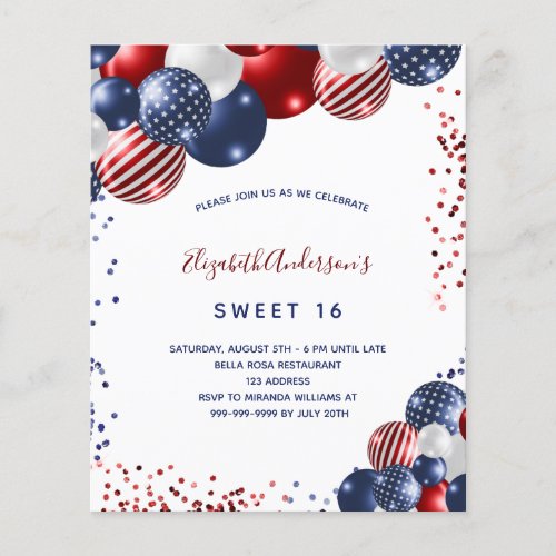 Sweet 16 patriotic budget party invitation flyer