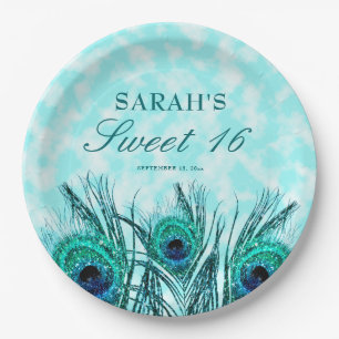 Sweet 16 Peacock Feathers Blue Teal Glitter  Paper Plates