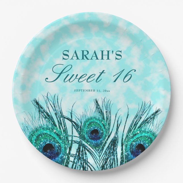 Sweet 16 Peacock Feathers Blue Teal Glitter  Paper Plates (Front)