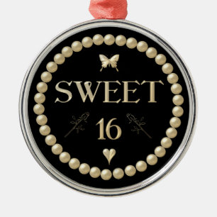 Sweet 16 - Pearls on black "velvet" Metal Ornament