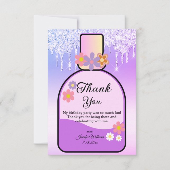 sweet 16 perfume bottle purple dripping glitters thank you card (Front)