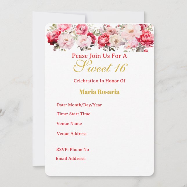 Sweet 16  Personalised Floral Invitation (Front)