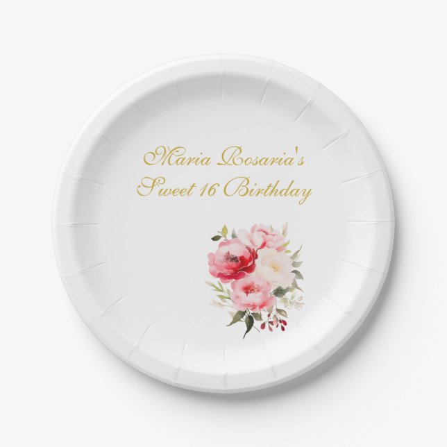 Sweet 16 Personalized Floral Tableware Paper Plates (Front)