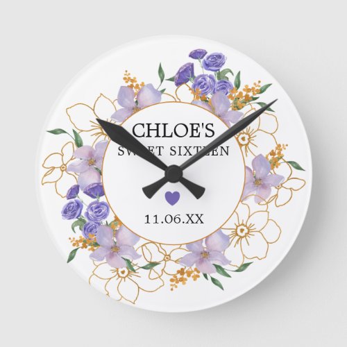 Sweet 16 Personalized Gift Purple Gold Floral Round Clock