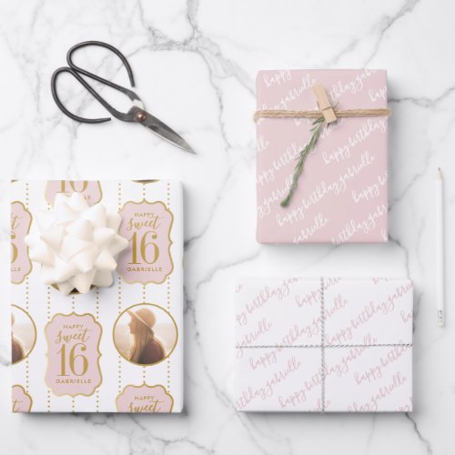 Sweet 16 Personalized Photo and Name Pink Wrapping Paper Sheets