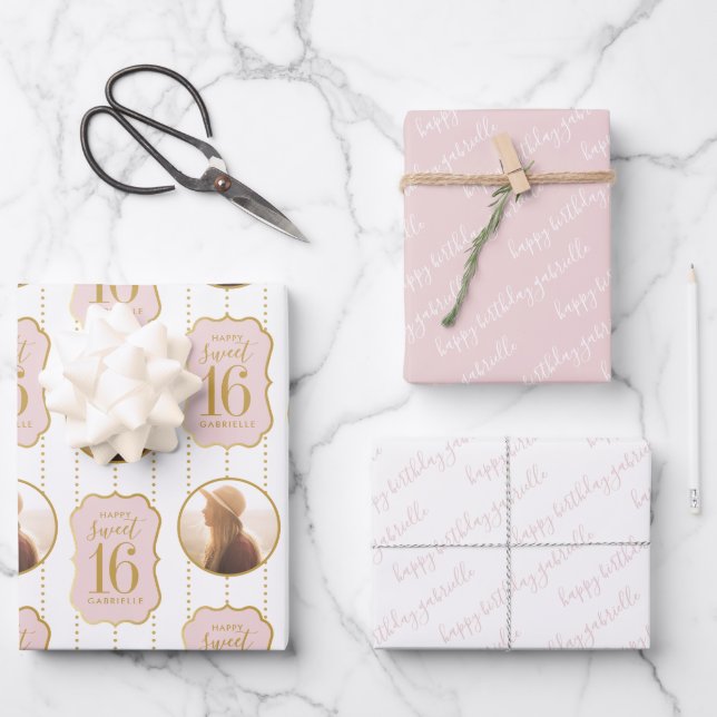 Sweet 16 Personalized Photo and Name Pink Wrapping Paper Sheets (Front)