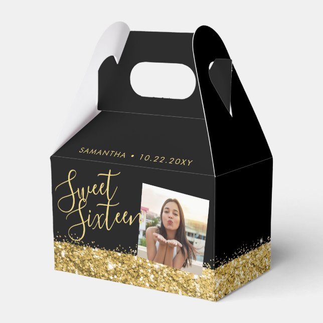 Sweet 16 Personalized Photo Black Gold Favor Boxes (Front Side)