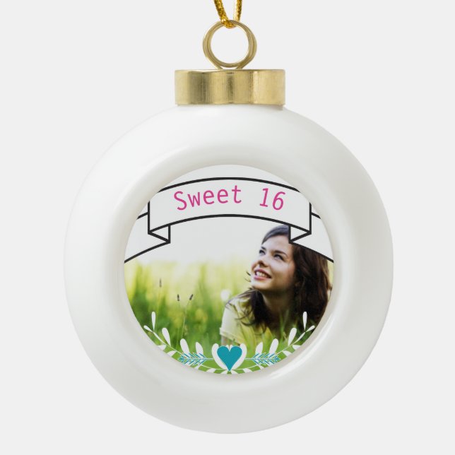 Sweet 16 Personalized Photo Typography Banner Ceramic Ball Christmas Ornament (Front)