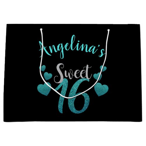 Sweet 16 Personalized Turquoise Glitter Script Large Gift Bag