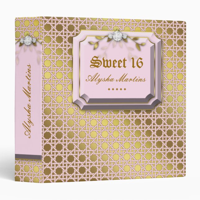 Sweet 16 Photo Album Lattice Leaves Pink Jewel 3 Ring Binder (Front/Spine)