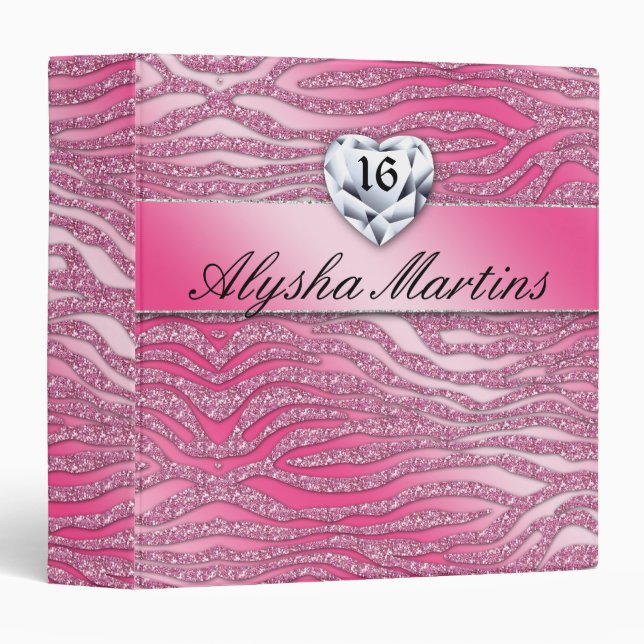 Sweet 16 Photo Album zebra sparkle heart pink Binder (Front/Spine)