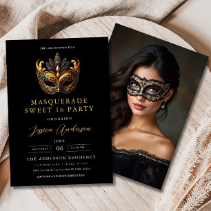 Sweet 16 Photo Birthday Black Gold Masquerade  Invitation