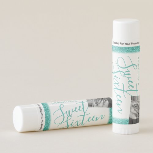 Sweet 16 Photo Birthday Party Favor Teal Glam Lip Balm