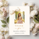 Sweet 16 photo bow cream thank you card<br><div class="desc">A modern and elegant Sweet 16 thank you card. A soft cream colored background,  decorated with a large bow.  Black and golden letters. On the front the text: Thank You,  name,  and a date. Add a photo. 

Back: Template for Your thank you note and name.</div>