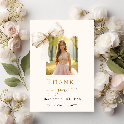 Sweet 16 photo bow cream thank you card