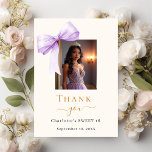 Sweet 16 photo bow lavender cream thank you card<br><div class="desc">A modern and elegant Sweet 16 thank you card. A soft cream colored background,  decorated with a large lavender colored bow.  Black and golden letters. On the front the text: Thank You,  name,  and a date. Add a photo. 

Back: Template for Your thank you note and name.</div>