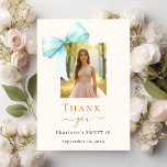 Sweet 16 photo bow teal green cream thank you card<br><div class="desc">A modern and elegant Sweet 16 thank you card. A soft cream colored background,  decorated with a large teal,  green colored bow.  Black and golden letters. On the front the text: Thank You,  name,  and a date. Add a photo. 

Back: Template for Your thank you note and name.</div>