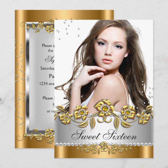 Sweet 16 Photo Bronze Gold Silver Diamond Jewel Invitation (Front/Back)