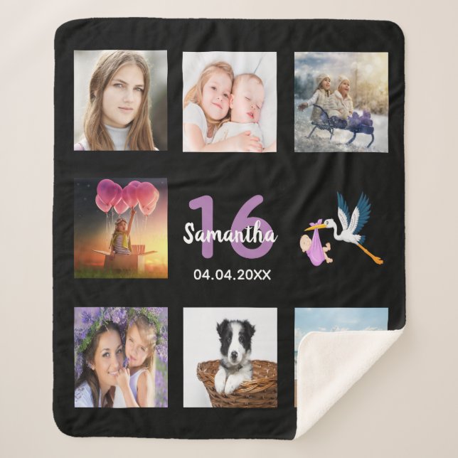 Sweet 16 photo collage black sherpa blanket (Front)