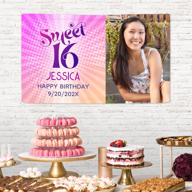 Sweet 16 Photo Groovy Pink Orange Gradient Retro Banner (Creator Uploaded)