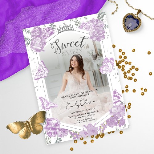 Sweet 16 Photo Invitation Butterfly Lavender