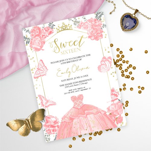 Sweet 16 Photo Invitation Butterfly Pink Floral 