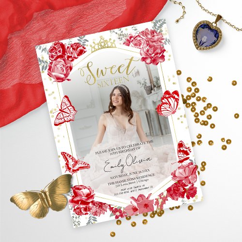 Sweet 16 Photo Invitation Butterfly Red Floral