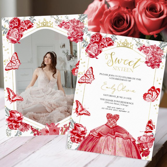 Sweet 16 Photo Invitation Butterfly Red Floral (Creator Uploaded)