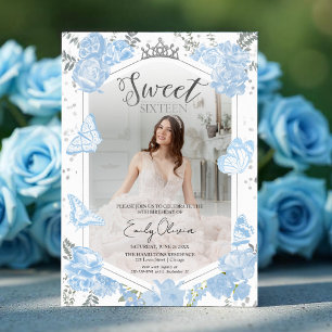 Sweet 16 Photo Invitation Dusty Blue Butterfly