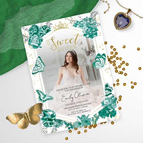 Sweet 16 Photo Invitation Emerald Green Butterfly