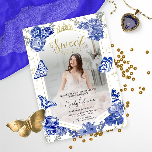 Sweet 16 Photo Invitation Royal Blue Butterfly