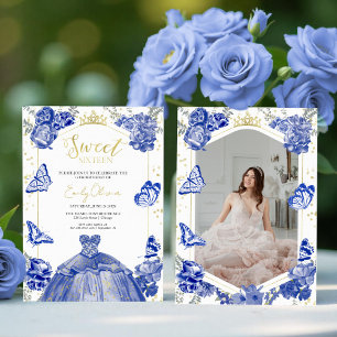 Sweet 16 Photo Invitation Royal Blue Butterfly 