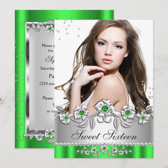 Sweet 16 Photo Lime Green Silver Diamond Jewel Invitation (Front/Back)