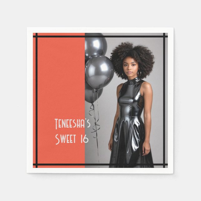 Sweet 16 Photo Party – coral & Black Art Deco Napkins (Front)
