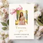 Sweet 16 photo pink bow cream thank you card<br><div class="desc">A modern and elegant Sweet 16 thank you card. A soft cream colored background,  decorated with a large pink bow.  Black and golden letters. On the front the text: Thank You,  name,  and a date. Add a photo. 

Back: Template for Your thank you note and name.</div>