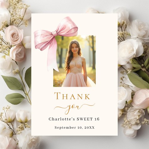 Sweet 16 photo pink bow cream thank you card